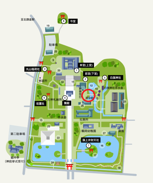 鶴岡八幡宮の撮影スポット 赤い橋と絵馬と木々